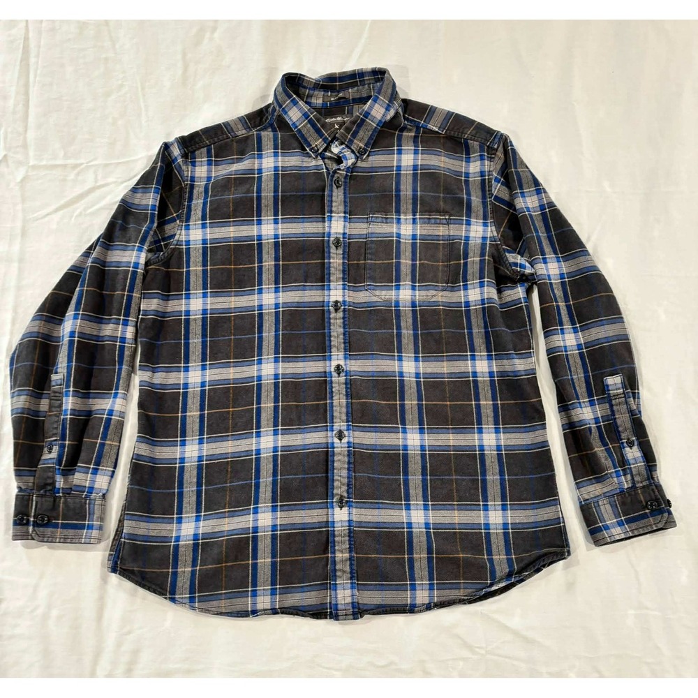 Eddie Bauer Mens Relaxed Fit Plaid Flannel Shirt Grey Blue Long Sleeve Large